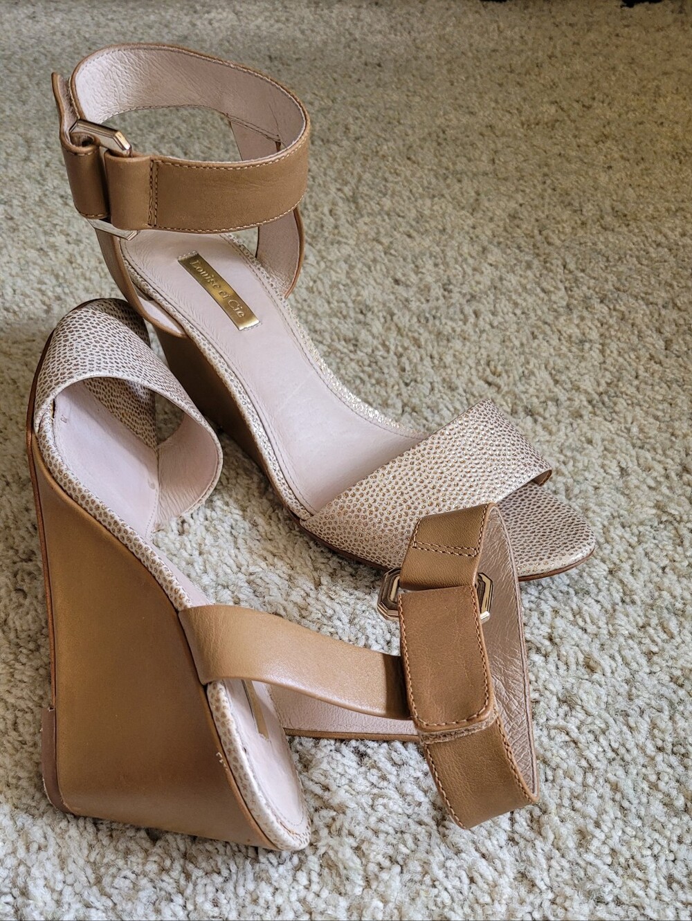 Wedge Sandals With Leather Covered Heels and Leather Ankle Straps  Gold Accents